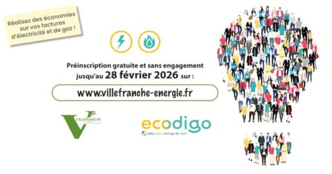 Affiche indiquant que les préinscriptions gratuites et sans engagement jusqu'au 28 février 2026 sont ouvertes du www.villefranche-energie.fr